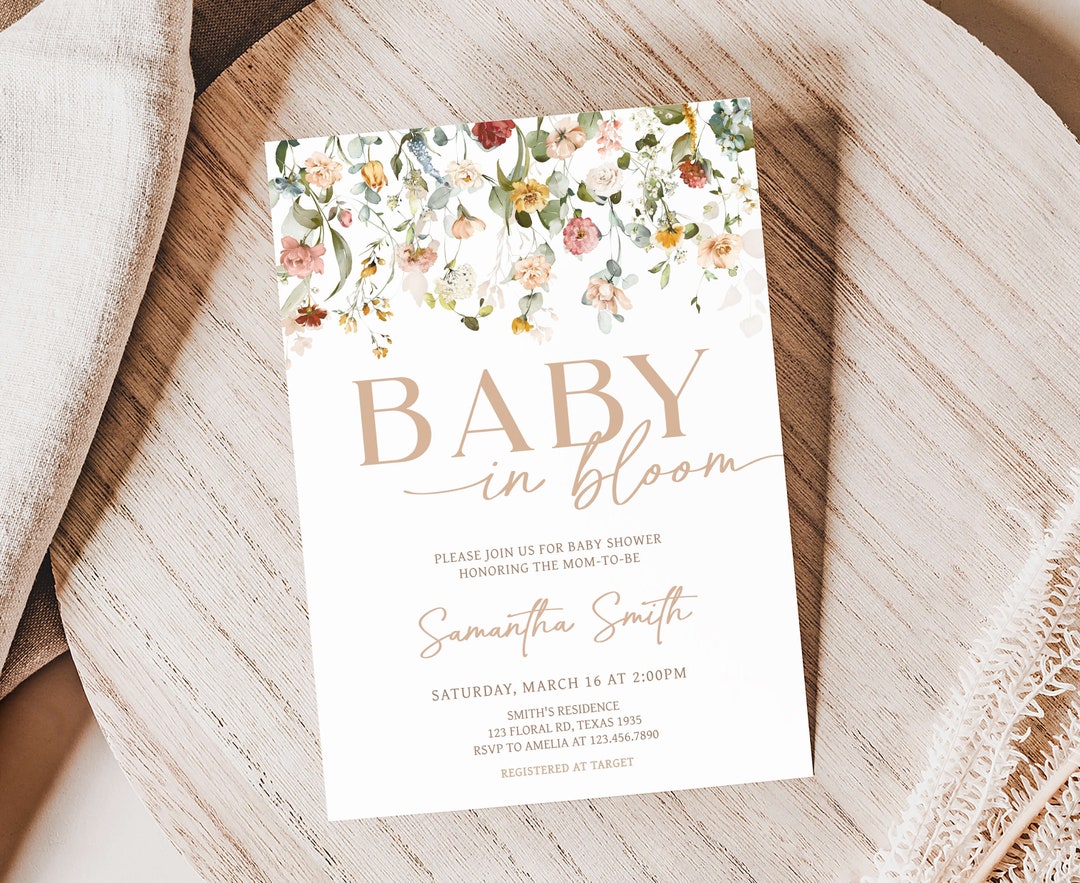 Spring Invitations Bloom Editable Baby in Bloom Baby Shower Invitation, Boho Spring Floral Baby ...
