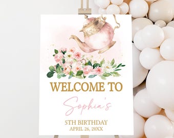 Editable Tea Party Birthday Welcome Sign, Let's Par-Tea Party Sign, Garden Party Poster, Floral Tea Party Decor, Girl Birthday Sign, 64BD