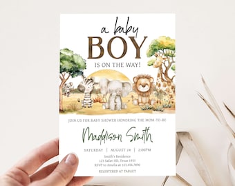 Invitación editable para baby shower de safari para niños, invitación para baby shower de safari en la selva, plantilla de invitación para baby shower para niños con animales salvajes de la selva, 0839