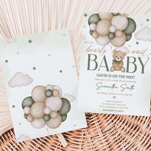 Invitación editable al baby shower con globo de oso neutro de género, podemos esperar con paciencia la invitación al baby shower, invitación al baby shower del oso boho verde, 0603 imagen 2