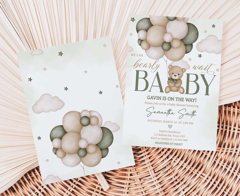 Invitación editable al baby shower con globo de oso neutro de género, podemos esperar con paciencia la invitación al baby shower, invitación al baby shower del oso boho verde, 0603 imagen 2
