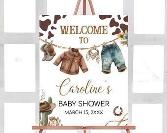 Editable A Little Cowboy Baby Shower Welcome Sign, Wild West Cowboy Clothes Baby Shower Welcome Poster, Boy Western Baby Shower Sign, 01039