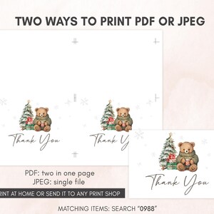 two christmas cards with a teddy bear holding a christmas tree