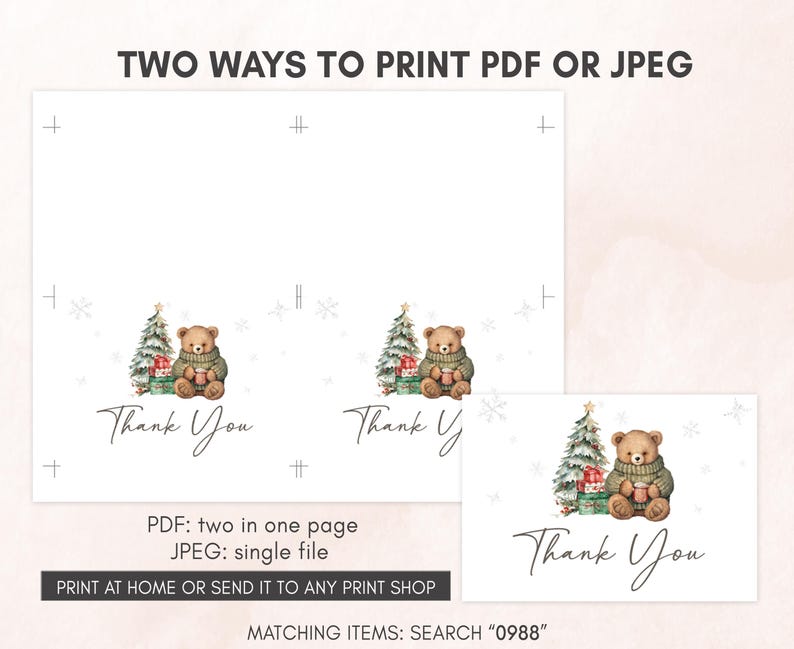 two christmas cards with a teddy bear holding a christmas tree