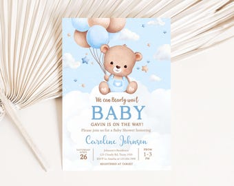 Editable We Can Bearly Wait Baby Shower Invitation, Blue Bear Baby Shower Invitation, Boy Bear Balloon Boho Baby Shower Invitation, 01104