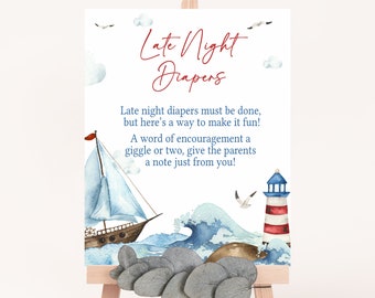 Late Night Diapers Sign Nautical Baby Shower, Ahoy It's A Boy Baby Shower Diaper Thoughts Sign, Blue Boat Nautical Baby Shower Signs, 0781