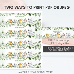 May include: Five printable water bottle labels featuring a jungle theme with a lion, elephant, giraffe, monkey, and rhinoceros. The labels are white with green foliage and the text "Samantha's Baby Shower".