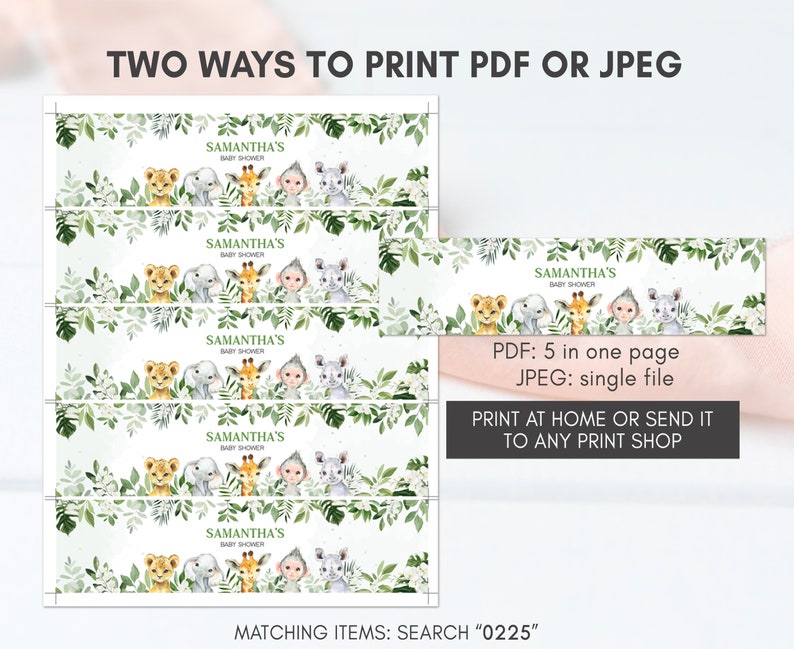 May include: Five printable water bottle labels featuring a jungle theme with a lion, elephant, giraffe, monkey, and rhinoceros. The labels are white with green foliage and the text "Samantha's Baby Shower".