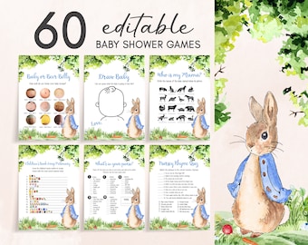 Editable Peter Rabbit Baby Shower Games Bundle, Blue Bunny Baby Shower Activity, Rustic Peter Rabbit Game Package Printable Template 0235