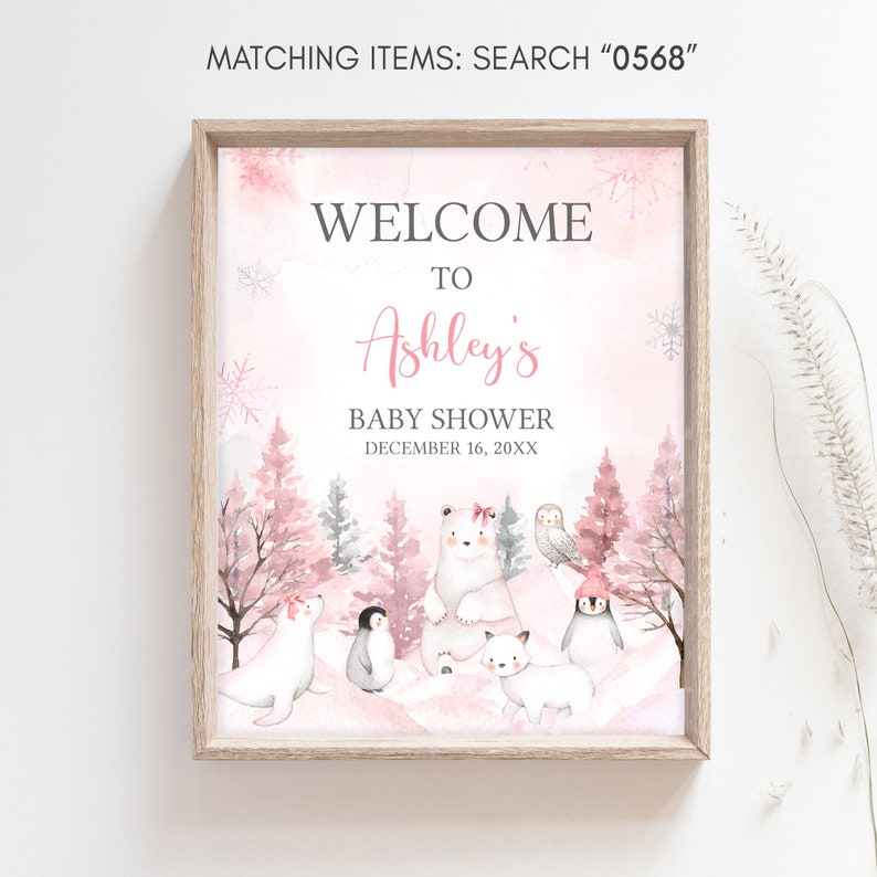 Editable Girl Arctic Animals Baby Shower Welcome Sign, Pink Winter Baby Shower Welcome Poster, Pink Baby It's Cold Outside Baby Shower, 0568 image 3