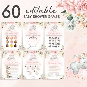 Editable Pink Elephant Baby Shower Games Bundle, Pink Floral Elephant Baby Shower Game Pack, Pink Flowers Girl Baby Shower Game Set, 0635 image 1