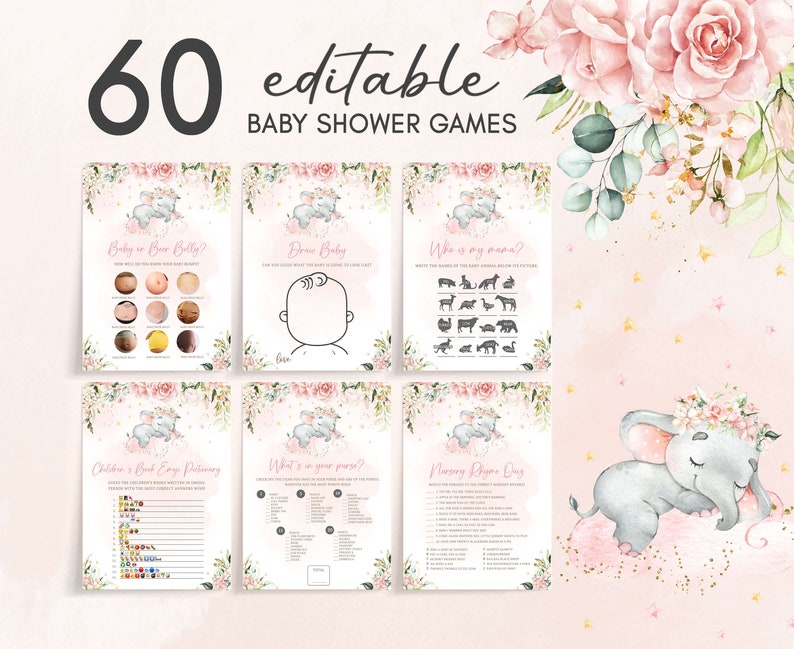 Editable Pink Elephant Baby Shower Games Bundle, Pink Floral Elephant Baby Shower Game Pack, Pink Flowers Girl Baby Shower Game Set, 0635 image 1