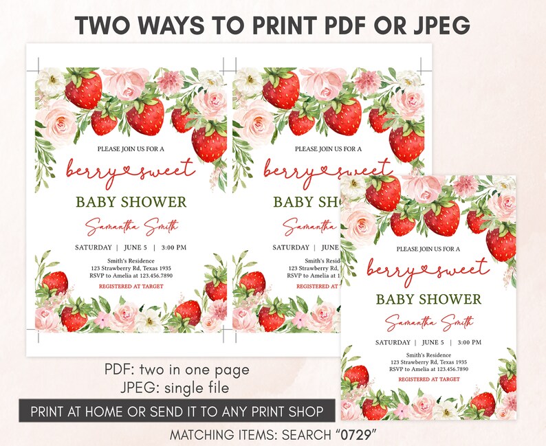 two baby shower cards with flowers and strawberries on them