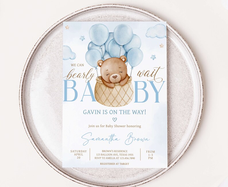 Editable Boy Hot Air Balloon Bear Baby Shower Invitation Bundle, Blue We Can Bearly Wait Baby Shower Invite Set, Boho Baby Shower, 0696 image 3