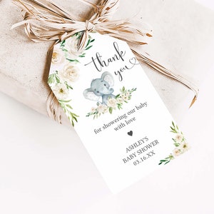 Editable Gender Neutral Elephant Baby Shower Favor Tags, Floral Elephant Baby Shower Gift Tag, Elephant Greenery Shower Thank You Tags, 0620 image 3