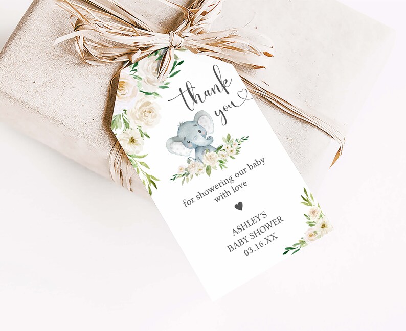 Editable Gender Neutral Elephant Baby Shower Favor Tags, Floral Elephant Baby Shower Gift Tag, Elephant Greenery Shower Thank You Tags, 0620 image 3