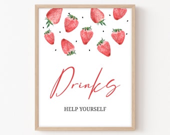 Strawberry Baby Shower Drinks Sign, Berry Sweet Baby Shower Drinks Table Sign, Red Strawberry Drinks Sign, Summer Printable Template 0390