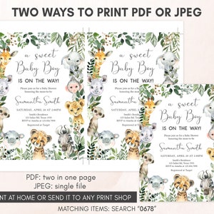 two baby shower cards with watercolor animals and greenery