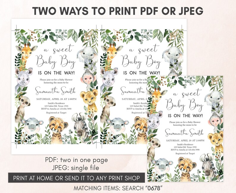 two baby shower cards with watercolor animals and greenery