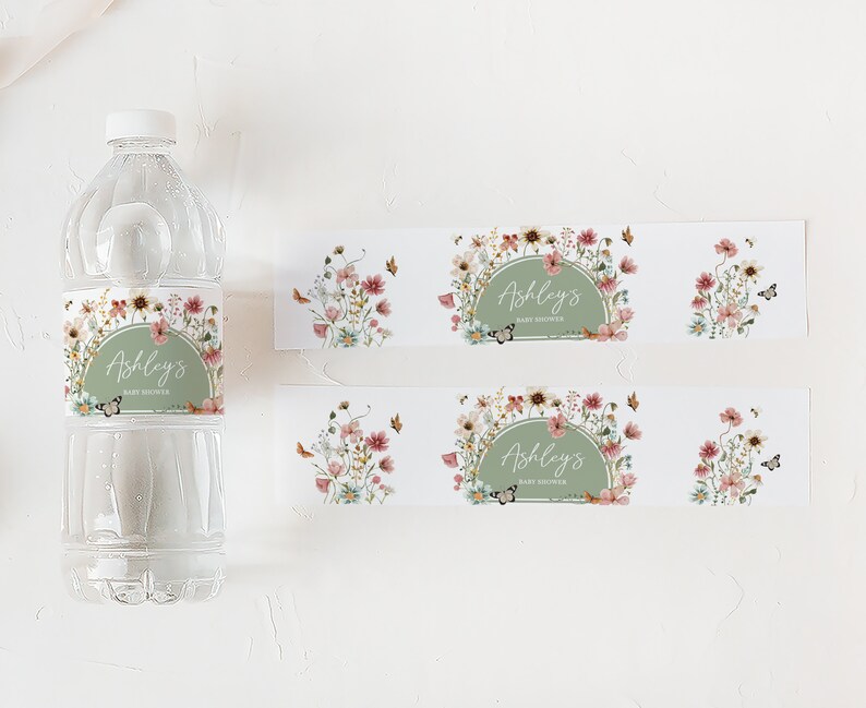 Bewerkbare baby in bloei baby shower fles label, Boho salie groene wilde bloemen baby shower waterlabels, genderneutrale flesstickers, 0676 afbeelding 3