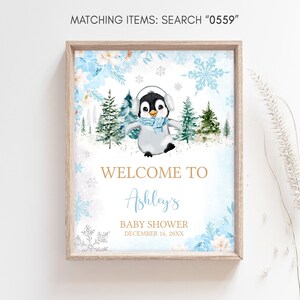Editable Winter Penguin Baby Shower Welcome Sign, Boy Penguin Baby Shower Welcome Poster, Blue Baby It's Cold Outside Baby Shower Sign, 0559 image 3