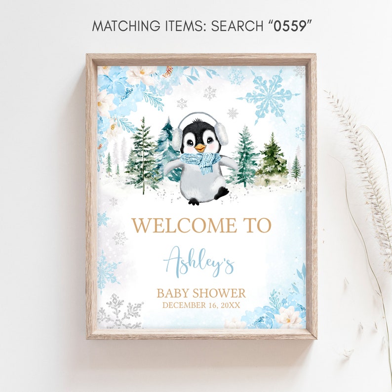Editable Winter Penguin Baby Shower Welcome Sign, Boy Penguin Baby Shower Welcome Poster, Blue Baby It's Cold Outside Baby Shower Sign, 0559 image 3
