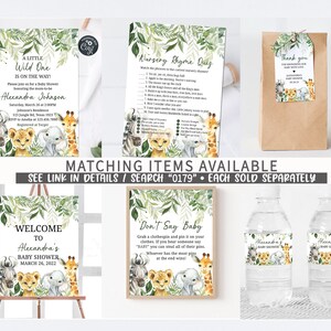May include: A set of printable baby shower decorations featuring a jungle animal theme. The set includes a welcome sign, a nursery rhyme quiz, a don't say baby game, water bottle labels, and a thank you tag. The decorations are in shades of green, brown, and yellow.