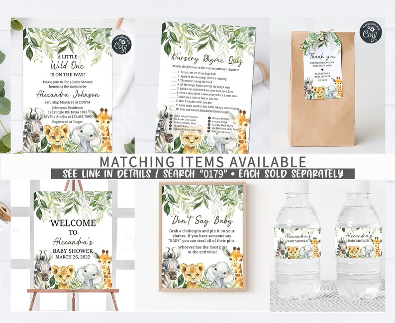 May include: A set of printable baby shower decorations featuring a jungle animal theme. The set includes a welcome sign, a nursery rhyme quiz, a don't say baby game, water bottle labels, and a thank you tag. The decorations are in shades of green, brown, and yellow.
