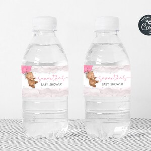 Editable Pink Balloon Bear Baby Shower Bottle Label, We Can Bearly Wait Boho Baby Shower Water Label, Brown Bear Girl Bottle Stickers, 0249 image 3