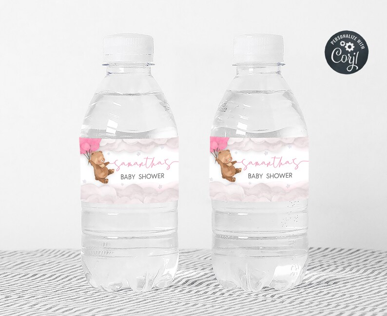 Editable Pink Balloon Bear Baby Shower Bottle Label, We Can Bearly Wait Boho Baby Shower Water Label, Brown Bear Girl Bottle Stickers, 0249 image 3