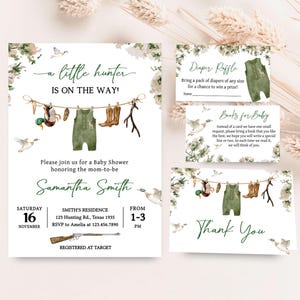 Lot d&#39;invitations modifiables pour baby shower de chasse aux canards, un petit chasseur, ensemble d&#39;invitation pour baby shower de canard colvert, Invitation de vêtements de chasseur, 0964
