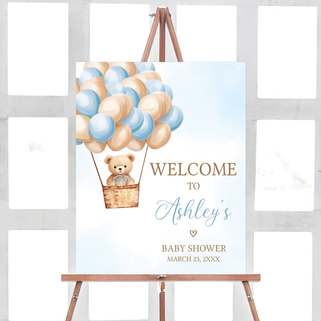 Editable Boy Bear Hot Air Balloon Baby Shower Welcome Sign, Blue We Can ...