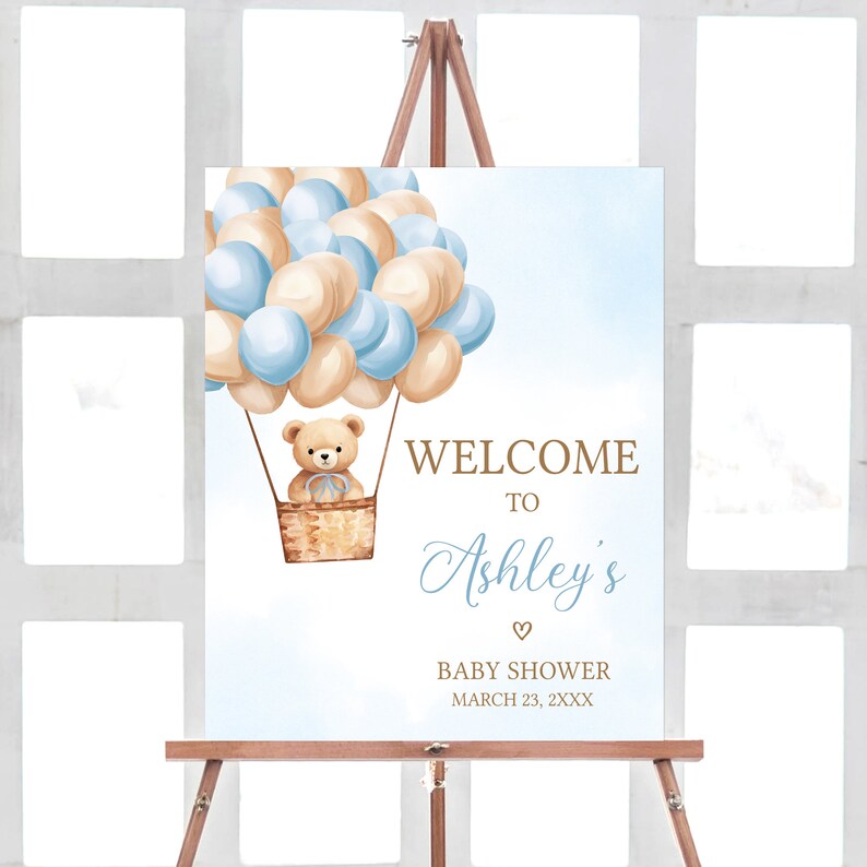 Editable Boy Bear Hot Air Balloon Baby Shower Welcome Sign, Blue We Can ...