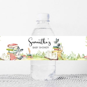 Bewerkbaar verhalenboek label fles babyshower, een nieuw hoofdstuk waterlabels babyshower, genderneutraal verhalenboek flesstickers konijn, 0714
