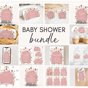 May include: A baby shower printable bundle with a floral theme. The designs feature pink, white, and green watercolor flowers with butterflies. The text includes "Baby Shower Bundle", "Welcome Baby", "Sign", "Food", and "Babies are Sweet".