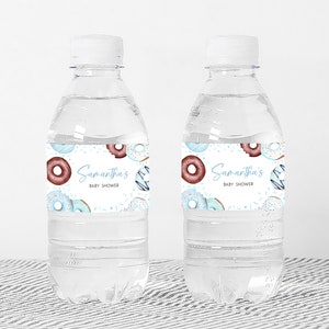 a bottle of water with a donut label on it