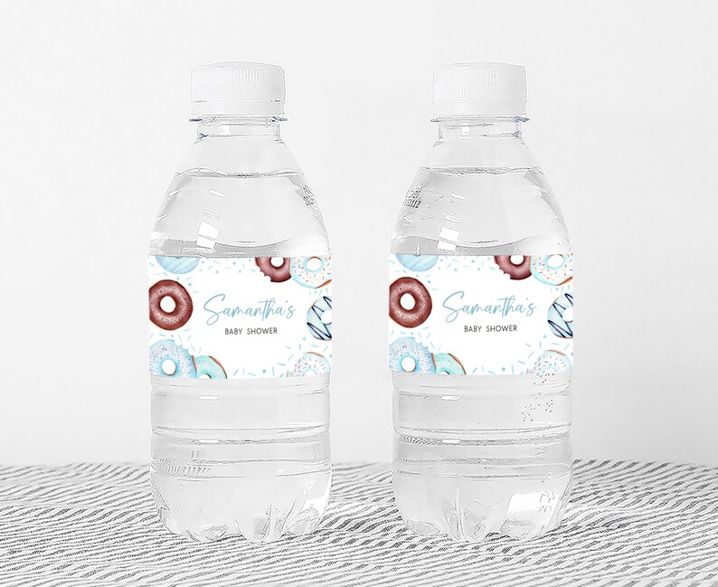 a bottle of water with a donut label on it