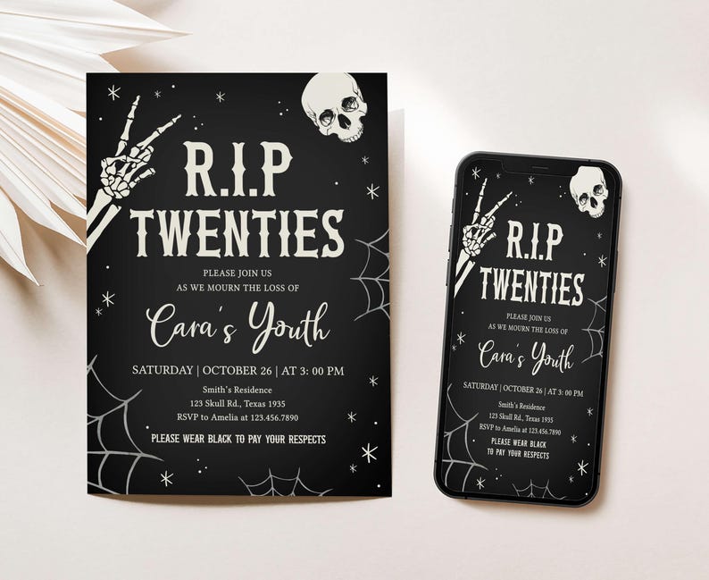 a black and white halloween party with a phone