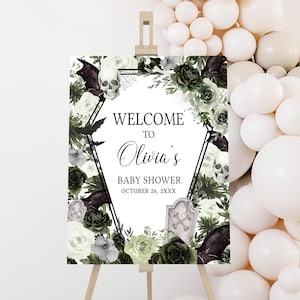 Editable Floral Gothic Halloween Baby Shower Welcome Sign, Gender Neutral Skull Baby Shower Welcome Poster, Vampire Coffin Bats Sign, 0950