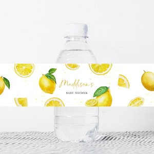 Etiqueta editável de garrafa de chá de bebê com limão, etiquetas minimalistas de limonada para chá de bebê, adesivos neutros de gênero para garrafas cítricas de verão, 0720