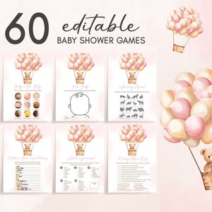 Editable Pink We Can Bearly Wait Baby Shower Games Bundle, Girl Bear Baby Shower Game Pack, Bear Hot Air Balloons Baby Shower Games, 0701 image 1