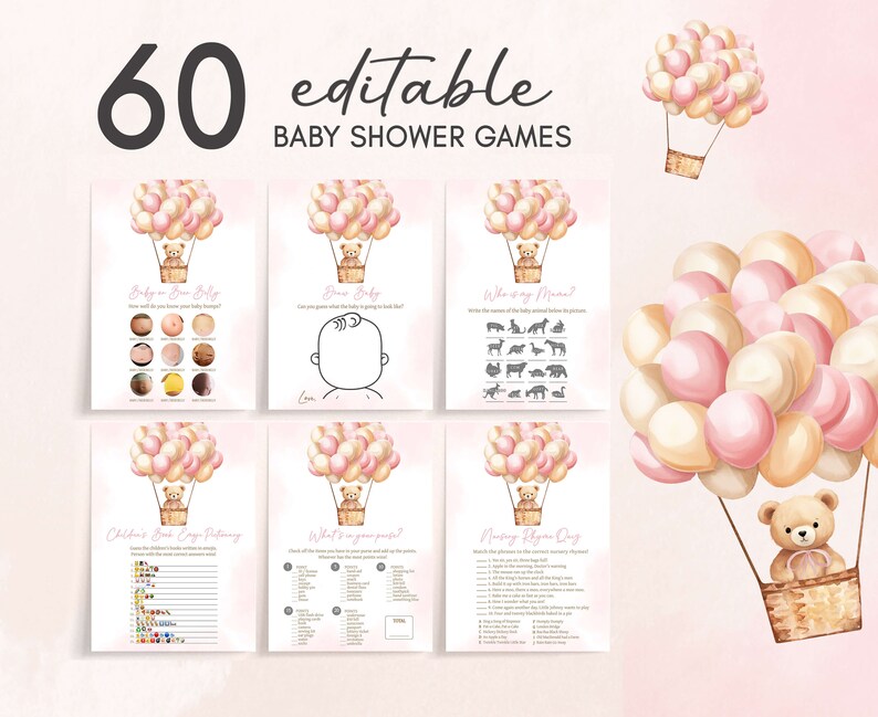 Editable Pink We Can Bearly Wait Baby Shower Games Bundle, Girl Bear Baby Shower Game Pack, Bear Hot Air Balloons Baby Shower Games, 0701 image 1