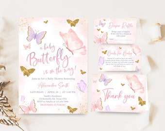 Editable Butterfly Baby Shower Invitation Bundle, Pink Butterflies Baby Shower Invite Set, Gold Butterfly Spring Baby Shower Invitation 0668