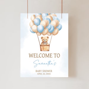 Edytowalny znak powitalny na baby shower z balonem na gorące powietrze, plakat powitalny na baby shower dla chłopca, Blue Bear Boho Baby Shower, 0700