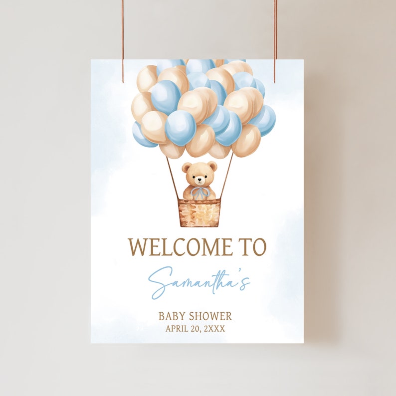 Panneau de bienvenue modifiable pour baby shower ours en montgolfière, affiche de bienvenue pour baby shower garçon nous pouvons attendre, baby shower bohème ours bleu, 0700 image 1