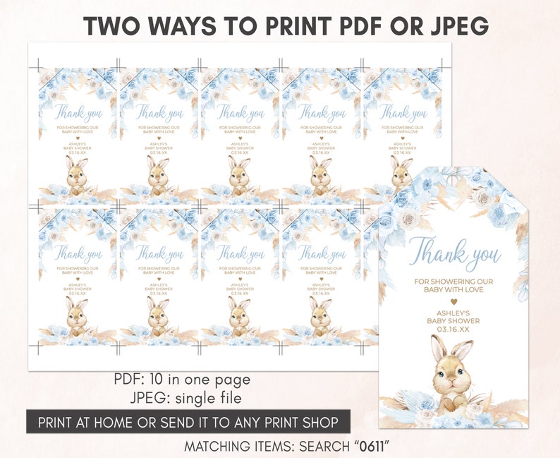 a set of two tags with a bunny on it