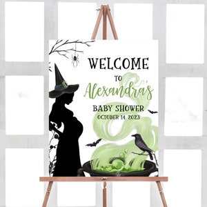 Editável Um bebê está preparando sinal de boas-vindas para chá de bebê de Halloween, pôster de boas-vindas de chá de bebê de Halloween neutro de gênero, chá de bebê de bruxa 0450