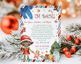 Bearbeitbarer Elf-Ankunftsbrief, niedlicher Elf-Willkommensbrief, I'm Back Weihnachtsbrief von Elf, Kinder Elf Junge braune Haut und Haare druckbar, 73SE