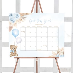 Bearbeitbarer blauer Pampasgras Junge Boho Bär Babyparty Fälligkeitsdatumskalender, wir können kaum warten Babypartykalender, Braunbär Ballon, 0622