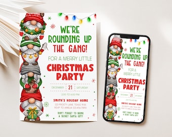 May include: Christmas party invitation with stacked gnome illustrations. The invitation features the text "We're Rounding Up The Gang!" and party details. A smartphone displays the same invitation design.